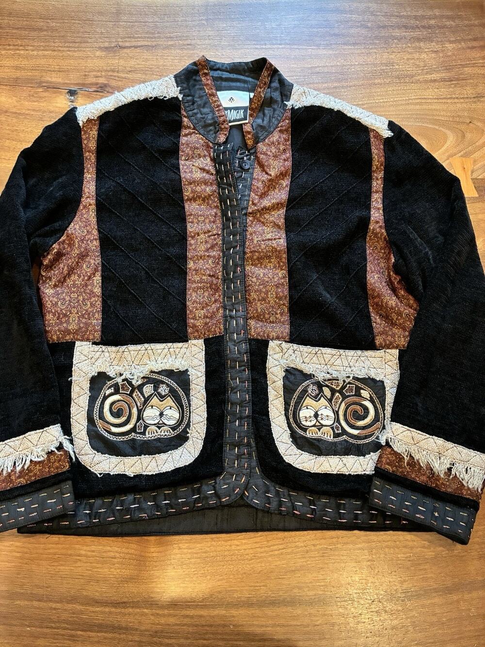 Yak Magik VTG Multi-Color Stitched CATS Woven‎ Silk Blend Ruffle Jacket M